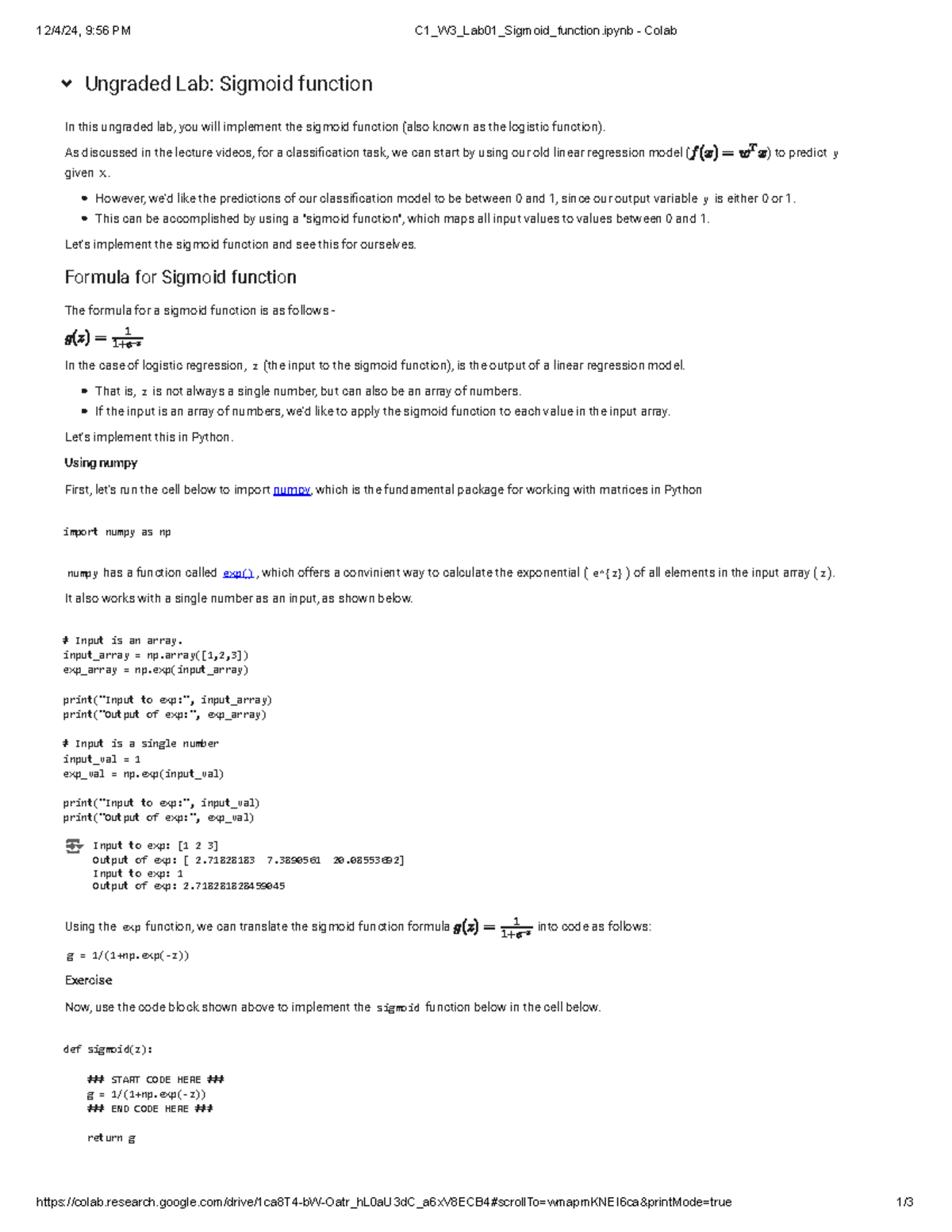 C1_W3_Lab01: Implementing the Sigmoid Function in Python - Studocu
