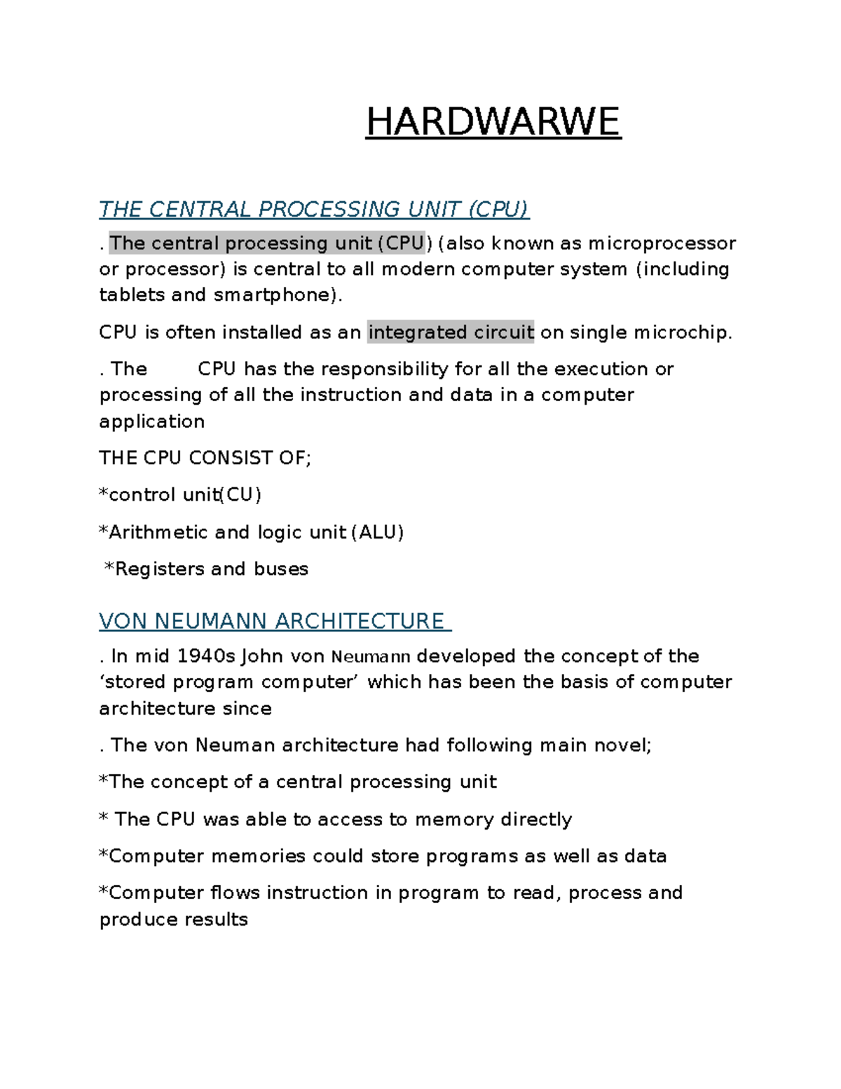 CS101 - Lecture Notes on Central Processing Unit (CPU) and Architecture ...