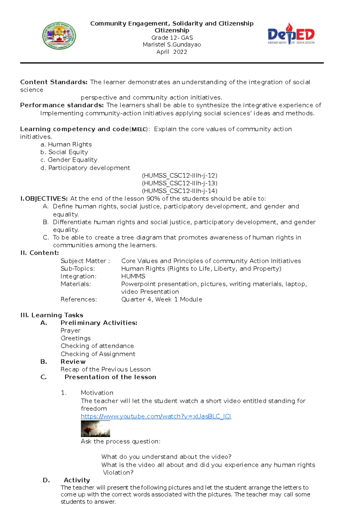 Com-Eng dlp human rights and other core values - Society and Culture ...