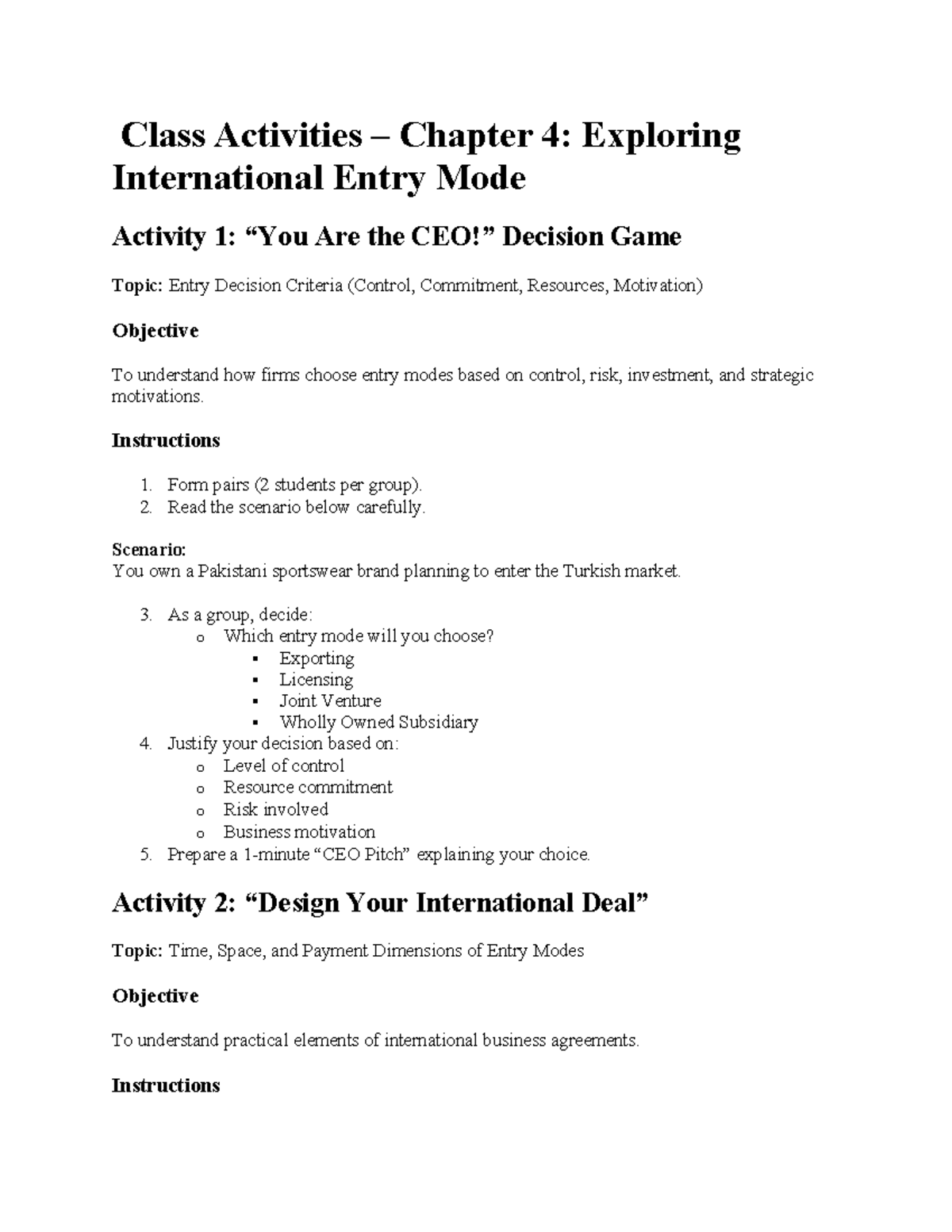 Class Activities for Chapter 4: International Entry Modes Exploration ...