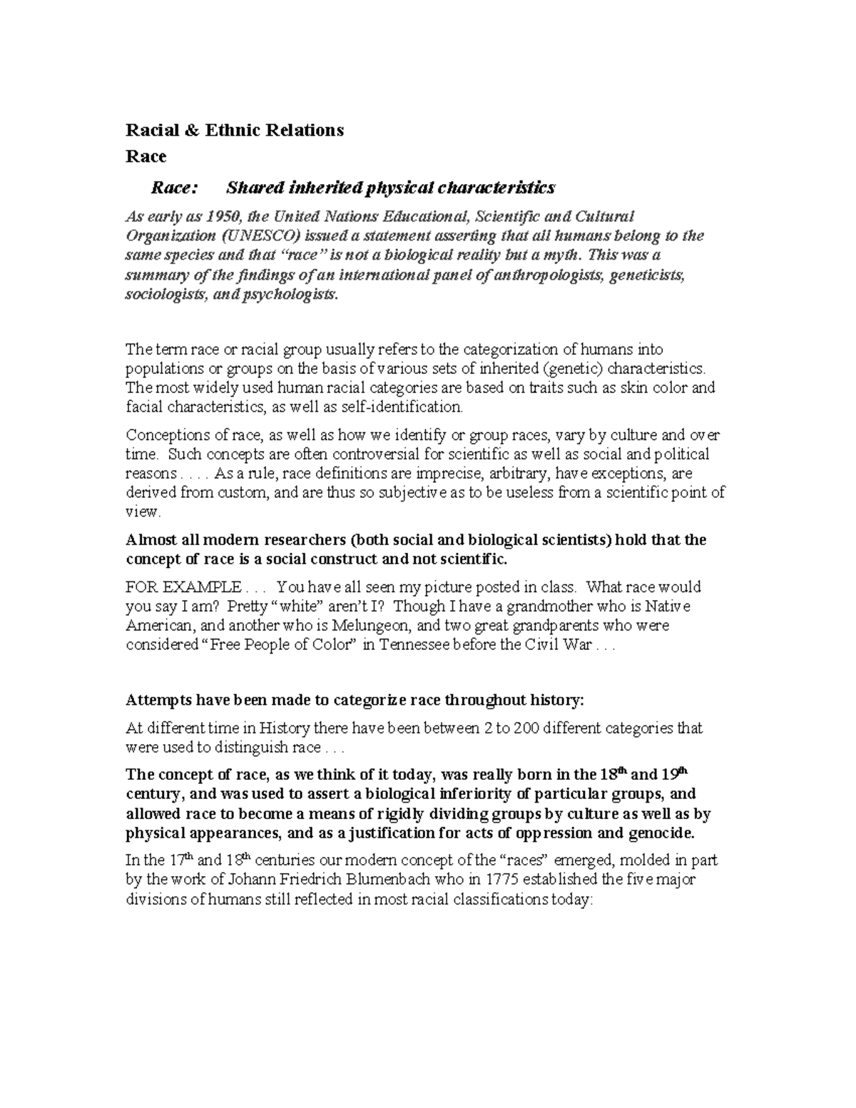 Unit 10 - Notes 1: Race as a Faulty Social Construct - Studocu