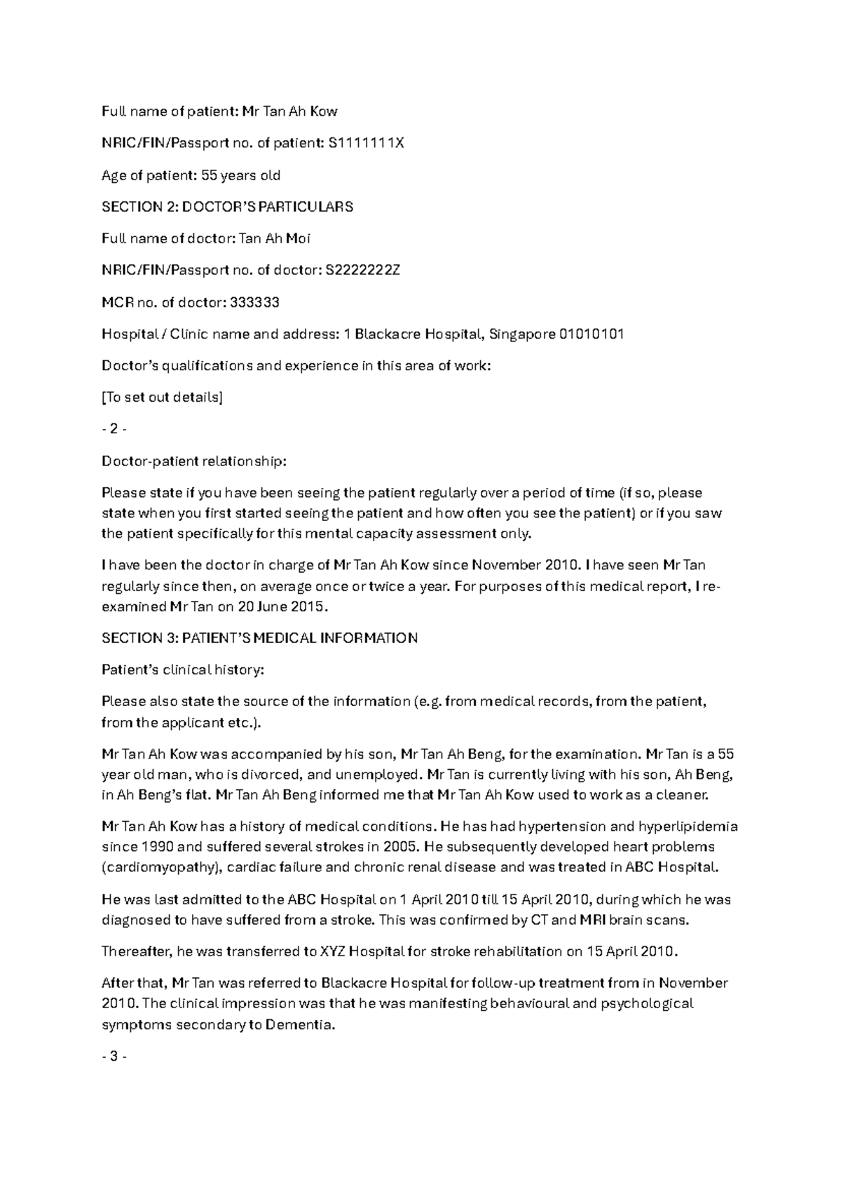 Sample MR - Full name of patient: Mr Tan Ah Kow NRIC/FIN/Passport no ...