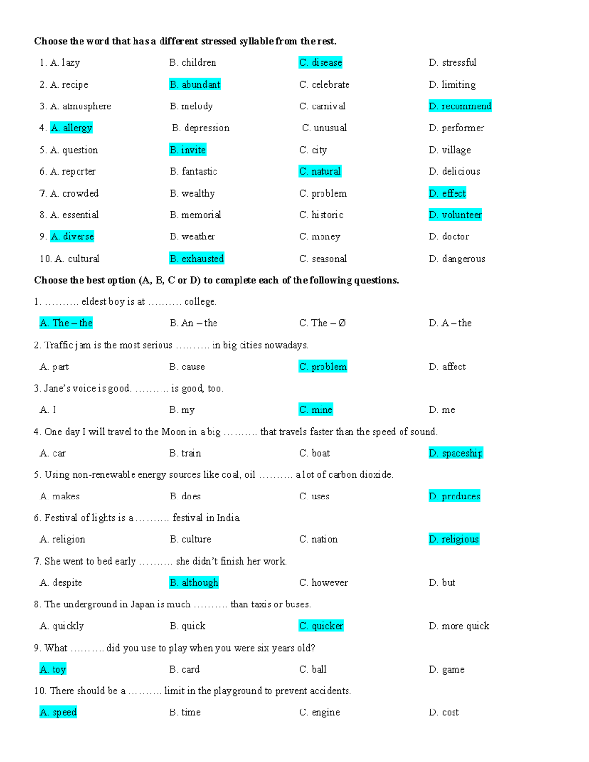 Stressed Syllable Differentiation and Sentence Completion Exercises ...