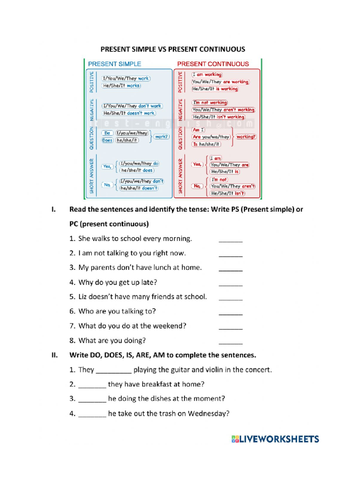 Worksheet 1976311 - Present Simple vs Present Continuous Exercises ...