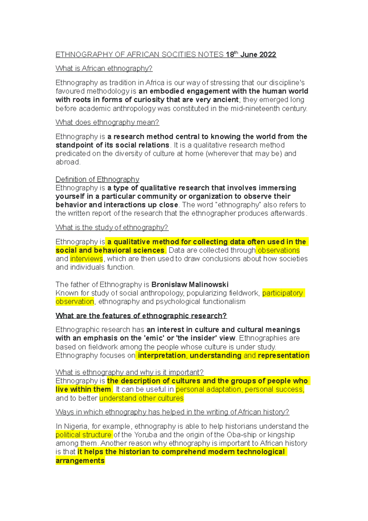 Ethnography of African Societies: Insights and Methodology Notes - Studocu