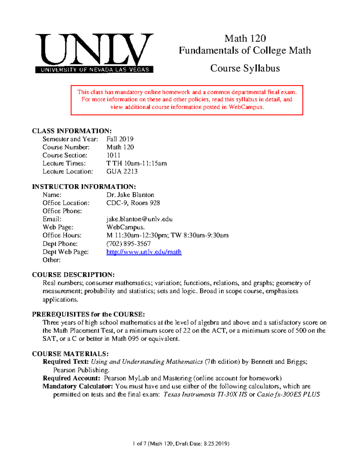 Math 120 Syllabus - Fundamentals of College Math by Dr. Blanton - Studocu