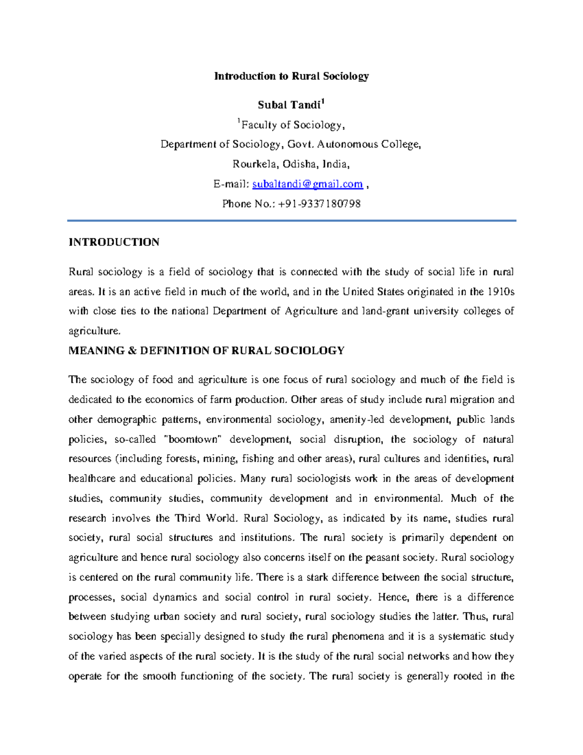 Rural Sociology: An Overview of Its Nature and Key Concepts - Studocu