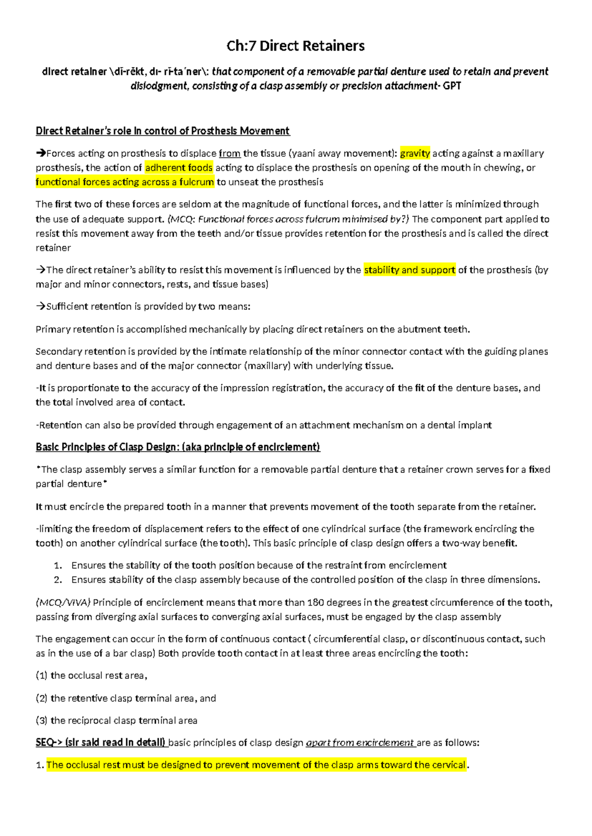 CH-7 Summary of Direct Retainers in McCracken's RPD Principles - Studocu