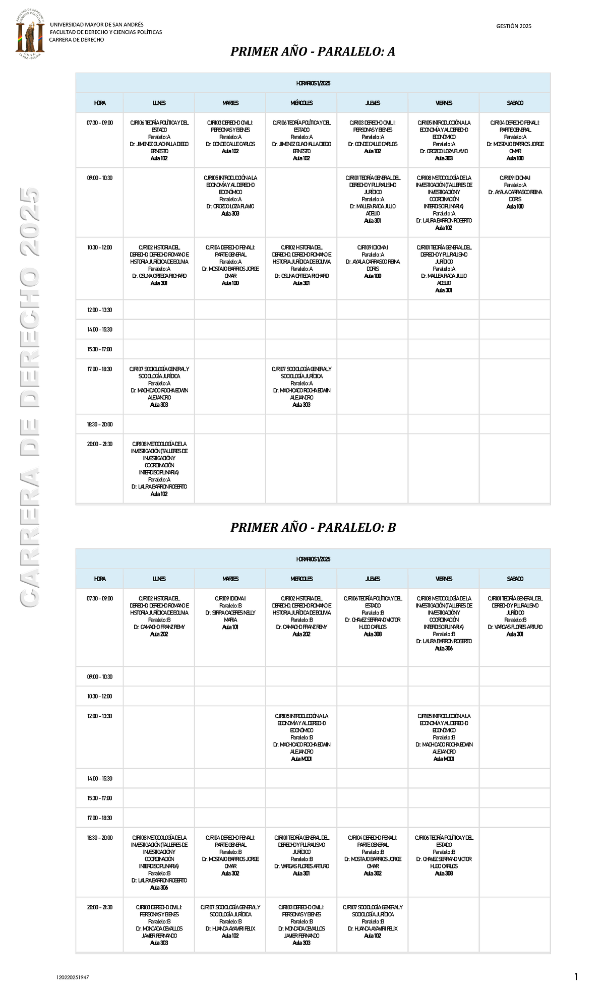 Horarios 2025 12022025 - FACULTAD DE DERECHO Y CIENCIAS POLÍTICAS ...