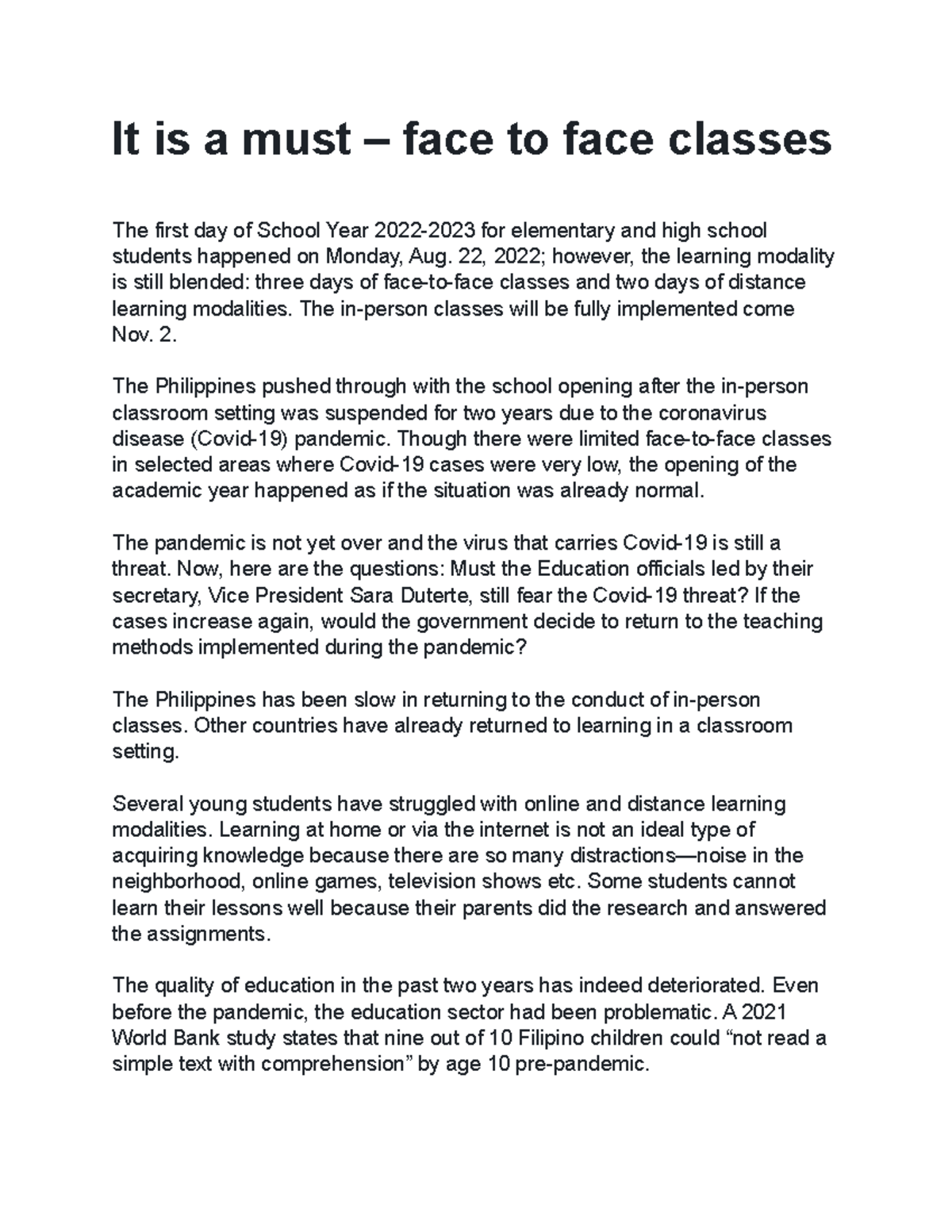 Editorial writing - happy - It is a must – face to face classes The ...