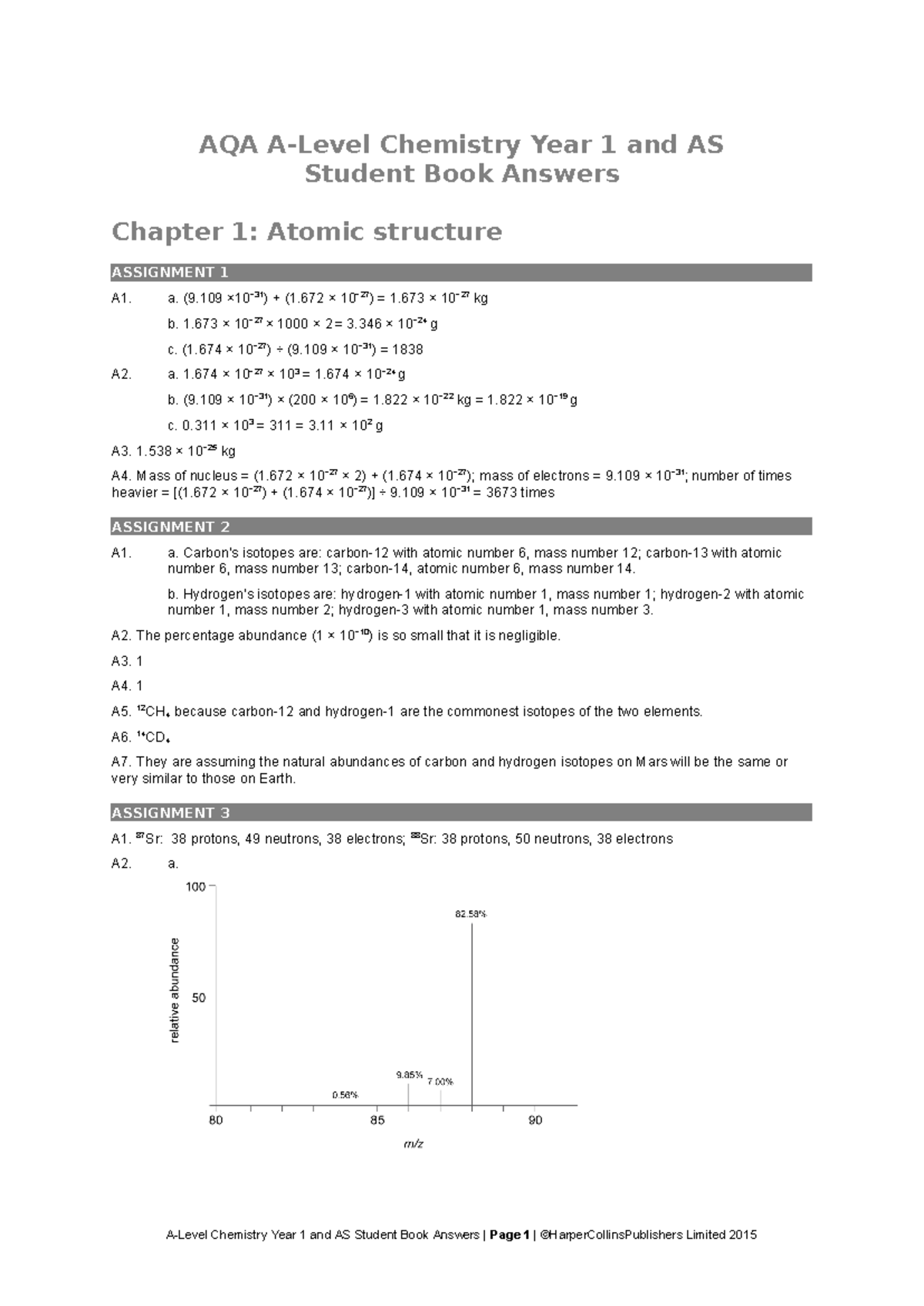 AQA A-Level Chemistry Year 1 & AS - Chapter 1 Assignment Answers - Studocu