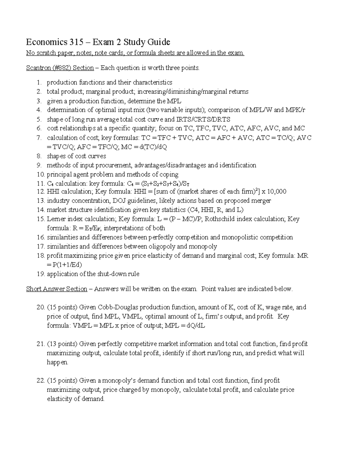 Economics 315 Exam 2 Comprehensive Study Guide - Studocu