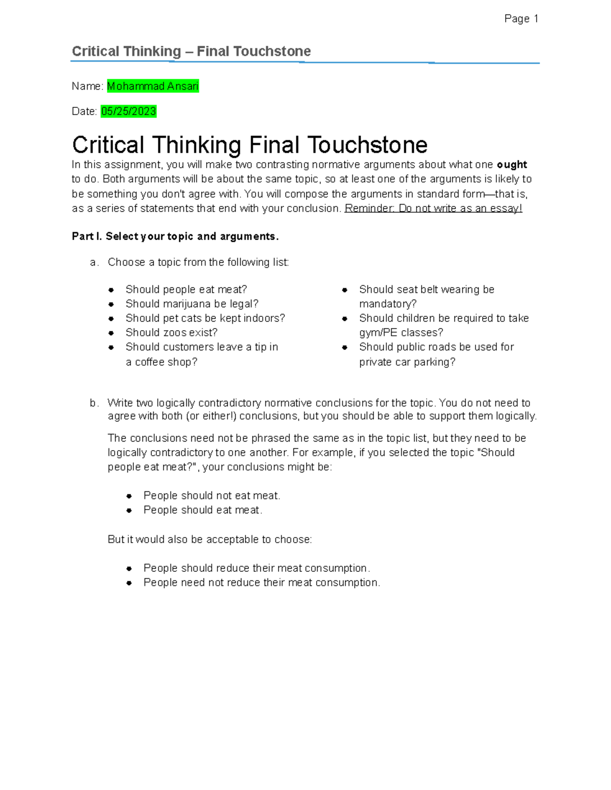 Critical Thinking CT101 Final Touchstone: Contrasting Arguments on Meat ...