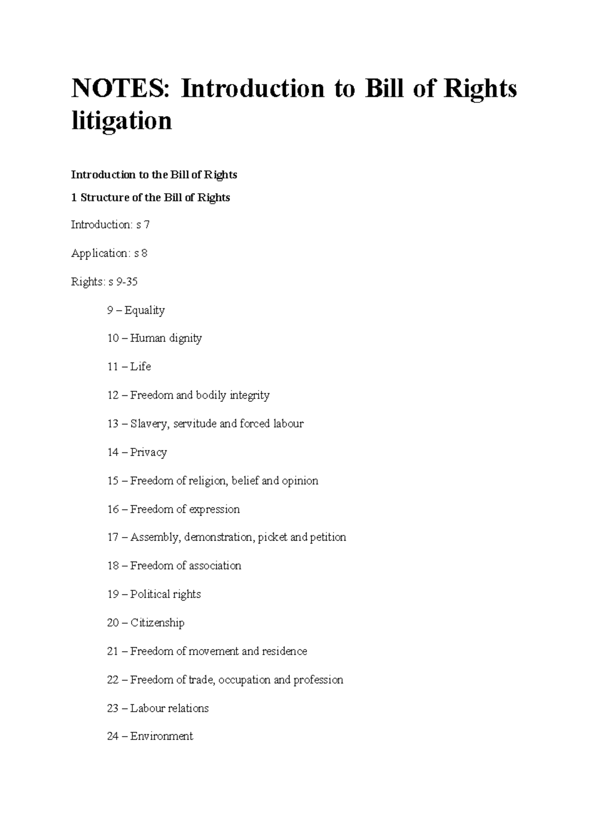 CON202: Student Notes on Bill of Rights Litigation Overview - Studocu