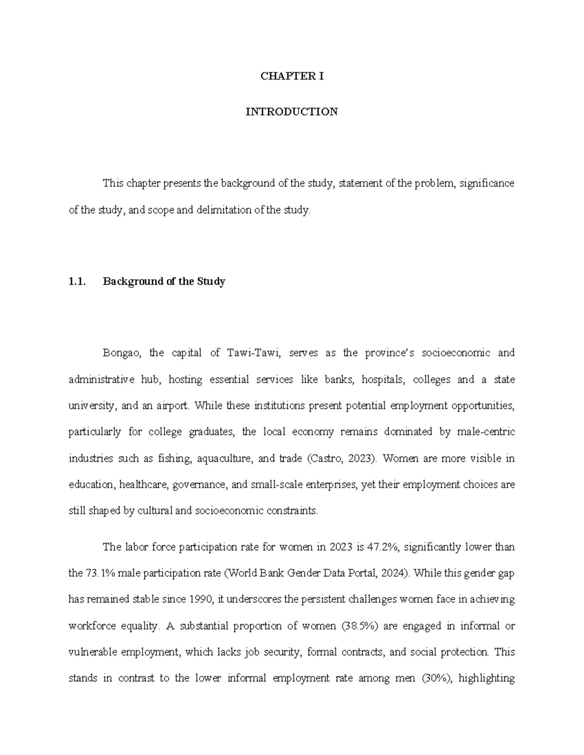 Examining Women's Employment Tendencies in Bongao: A Study (CHAPTER I ...