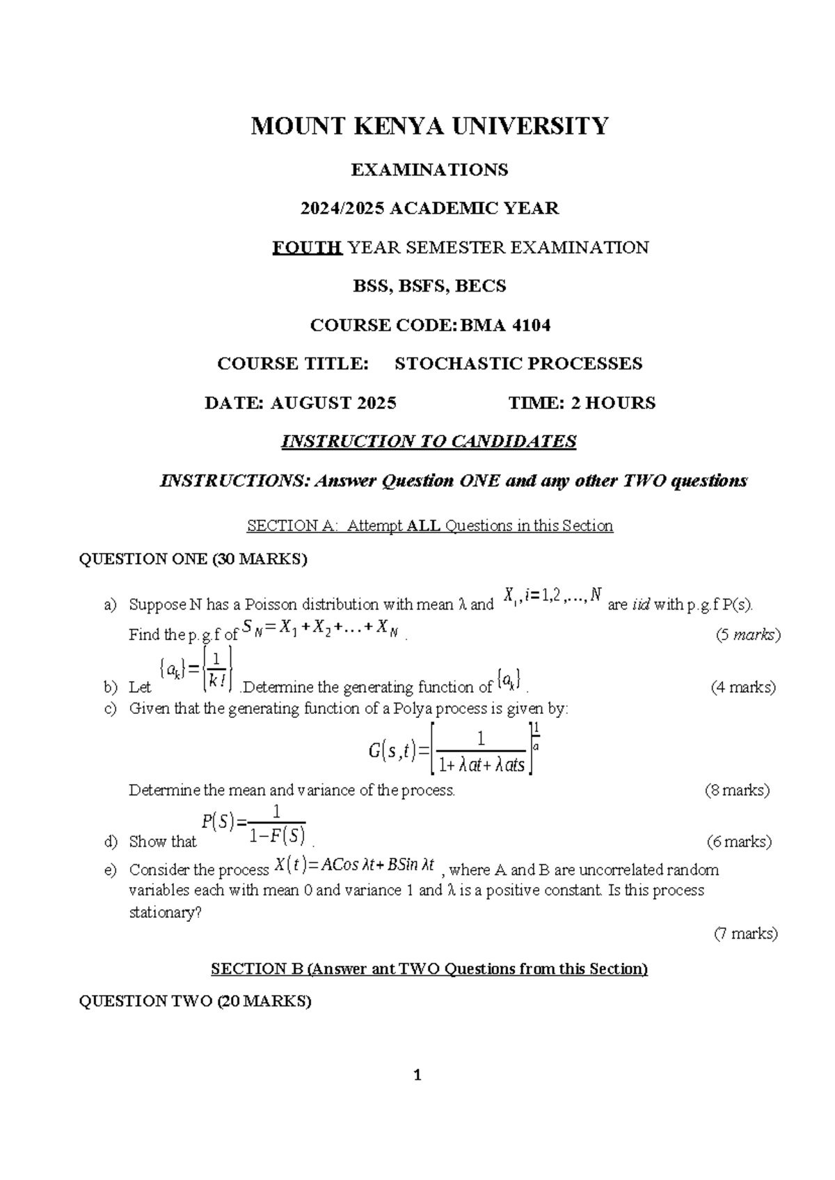 BMA 4104 Final Exam Notes: Stochastic Processes Overview - Studocu