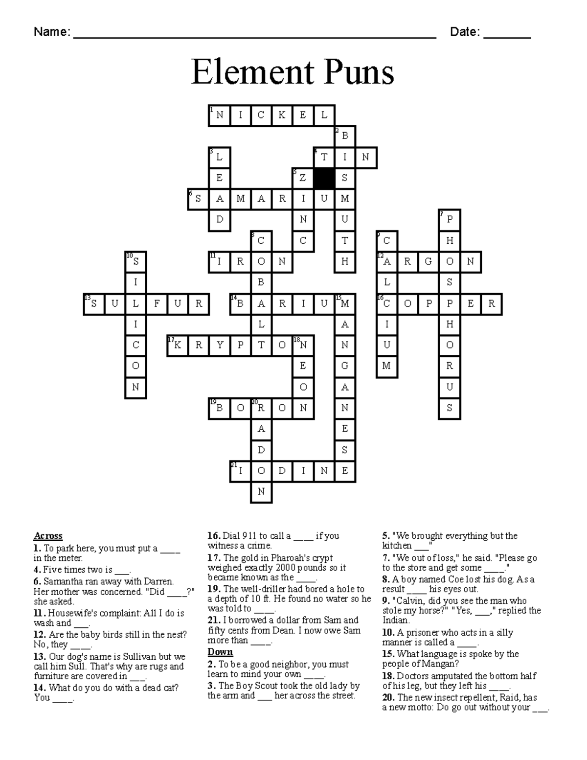 Element Puns Answer Key for Quiz: N I C K E L and More - Studocu