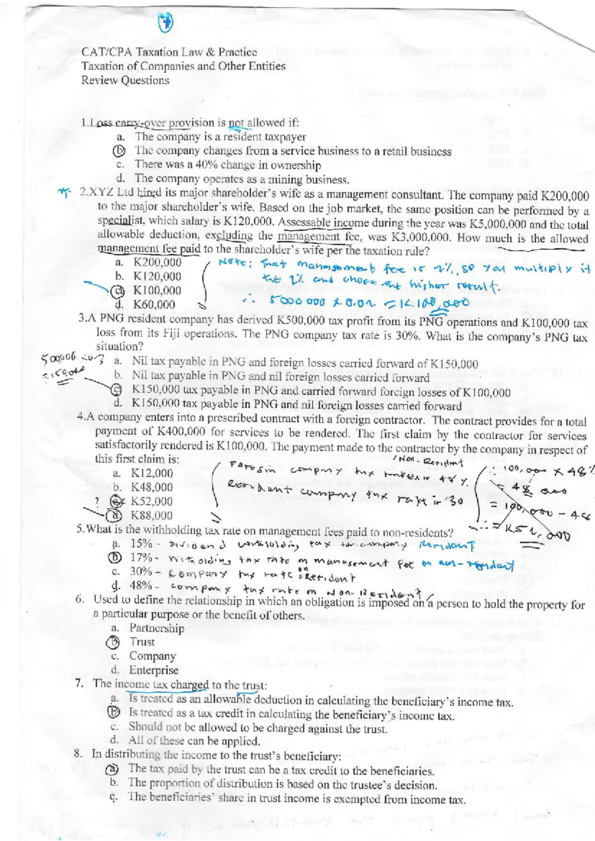 Taxation Law Practice Review Questions for Companies and Entities - Studocu