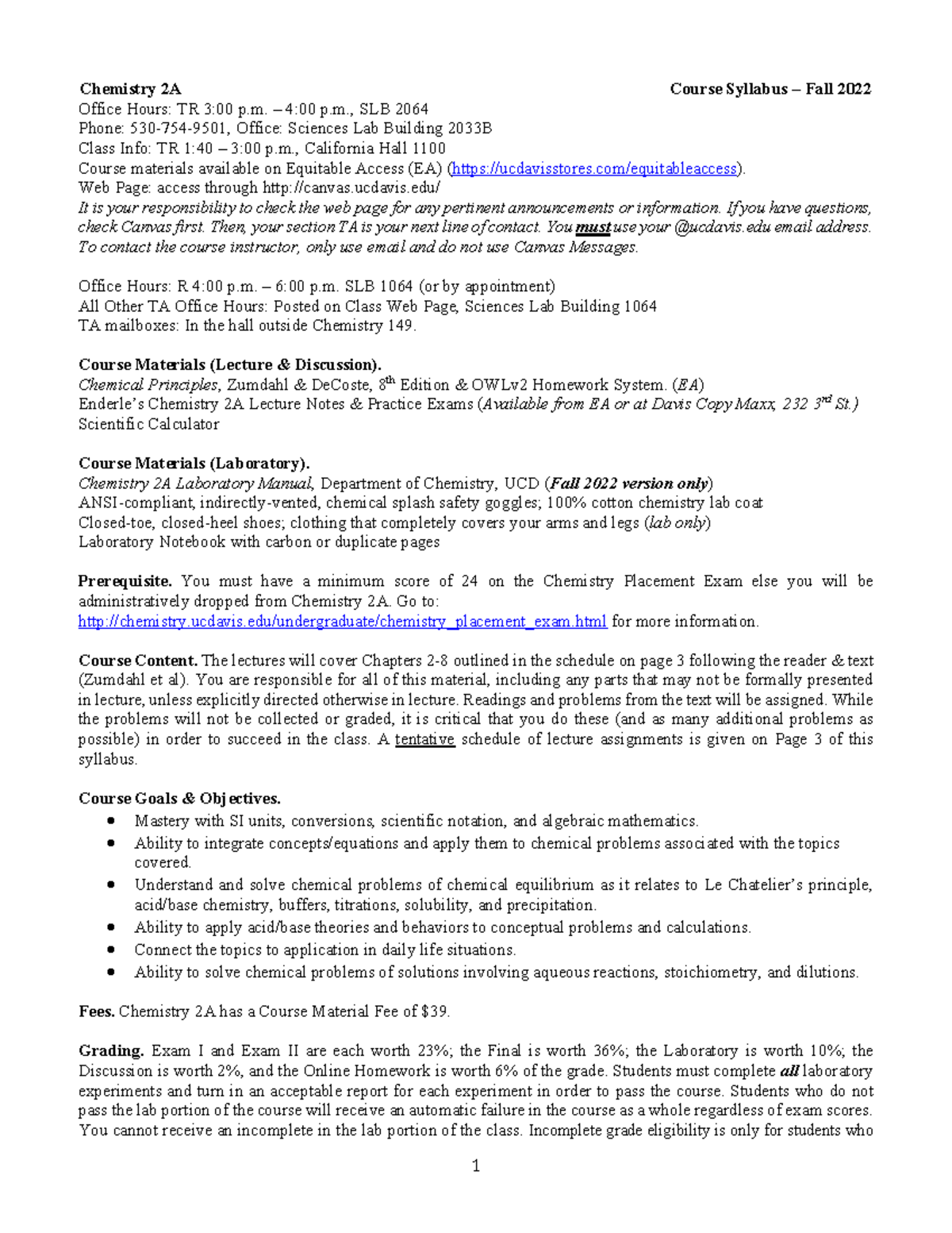CHE 2A Fall 2022 Course Syllabus and Lab Info - Studocu