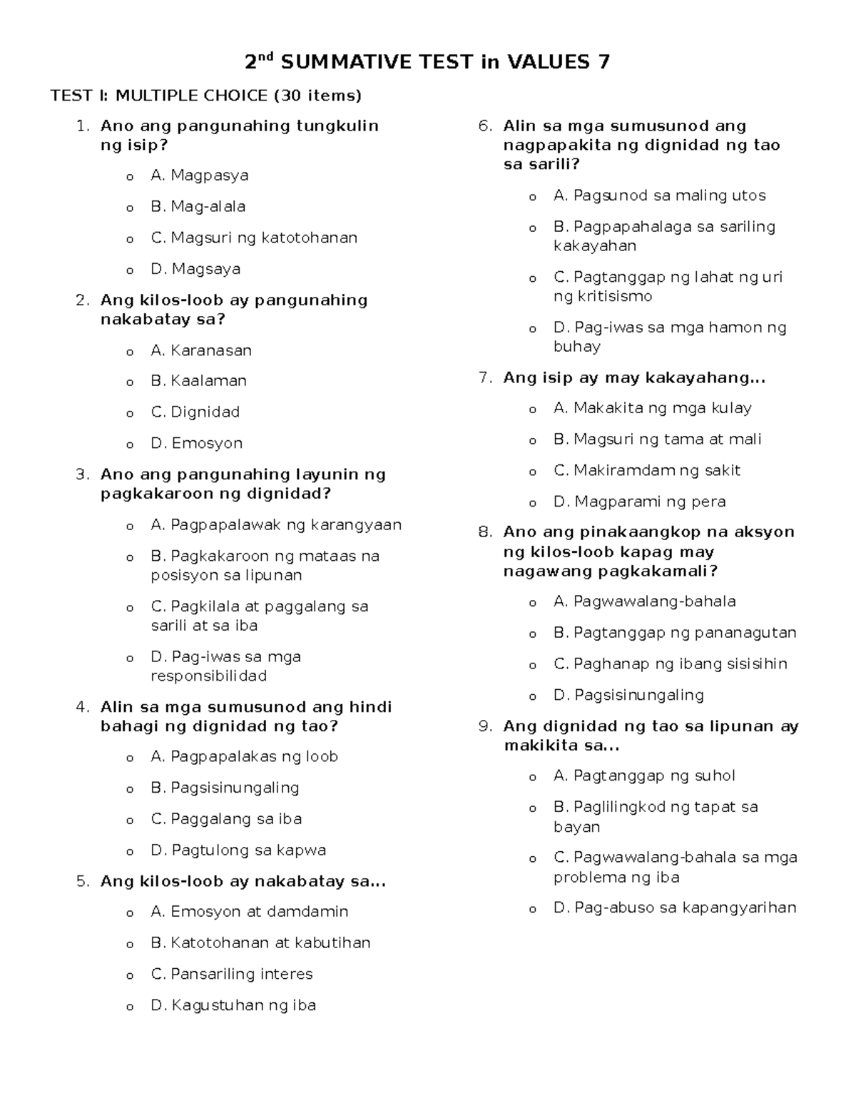 2nd SUMMATIVE TEST in VALUES 7: Multiple Choice & True/False Items - Document Preview