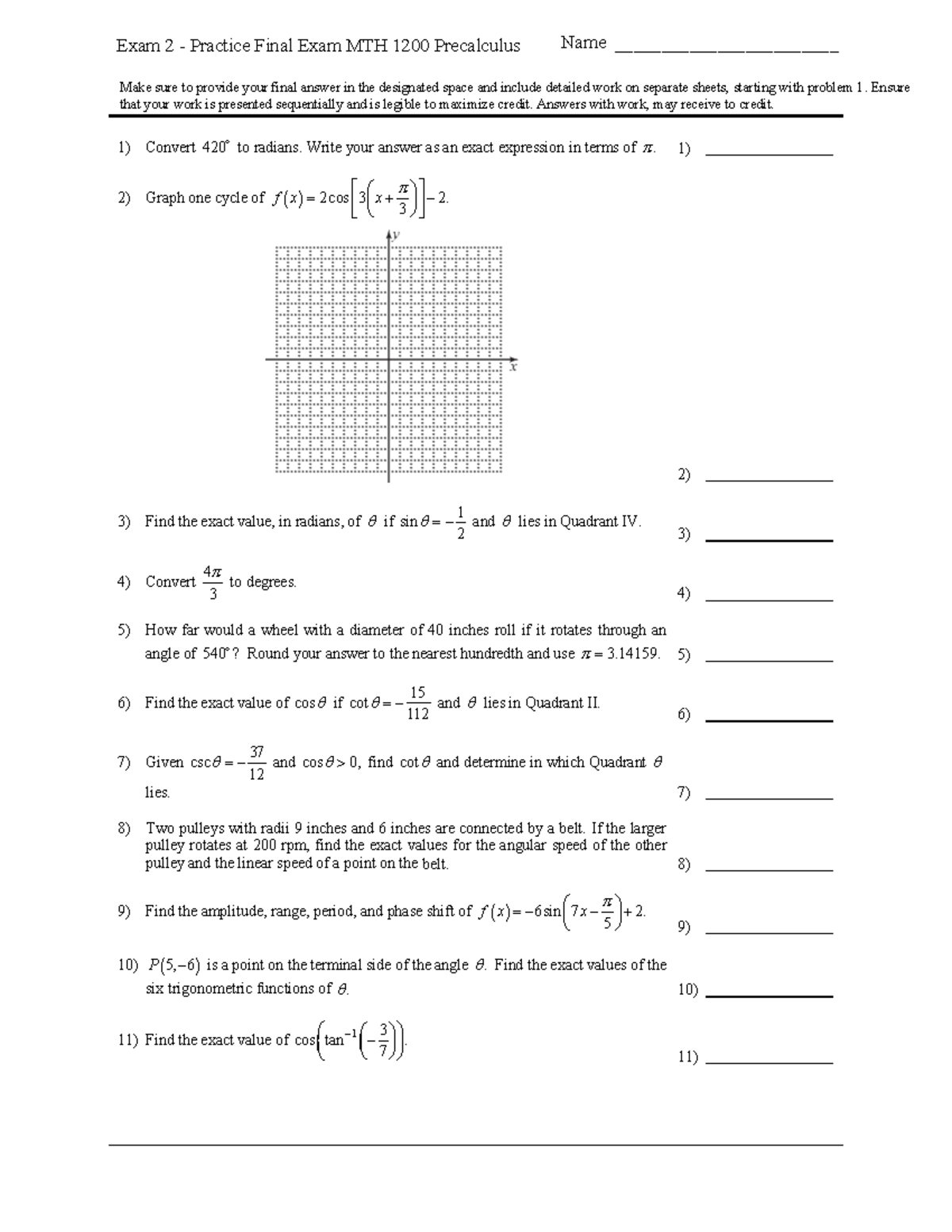 MTH 1200 Final Exam Practice: Precalculus Exam 2 Review - Studocu