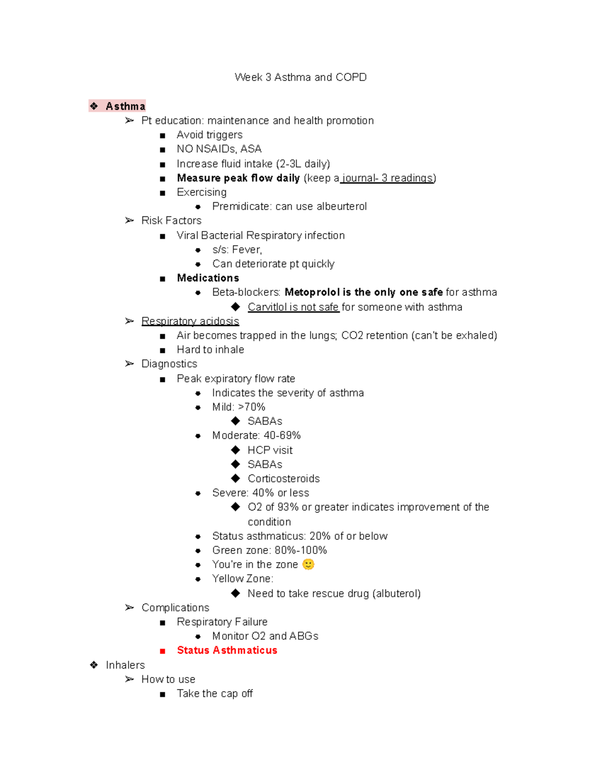 Medsurg 2 Week 3 - Rivera - Week 3 Asthma and COPD Asthma Pt education ...