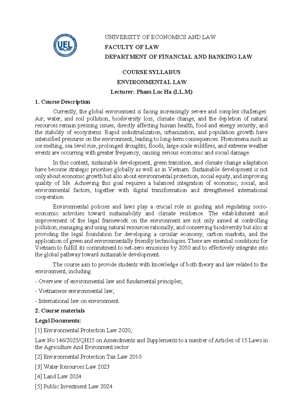 ENV 101 - Environmental Law Course Syllabus and Overview - Studocu