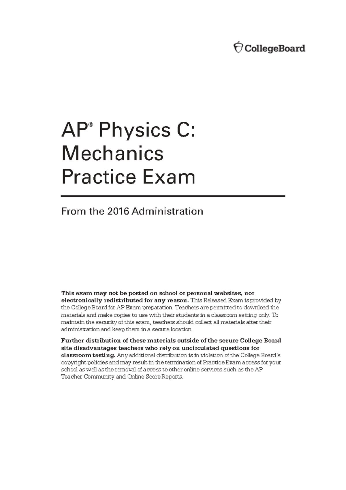 2016 AP Physics C: Mechanics Practice Exam Guide - Studocu