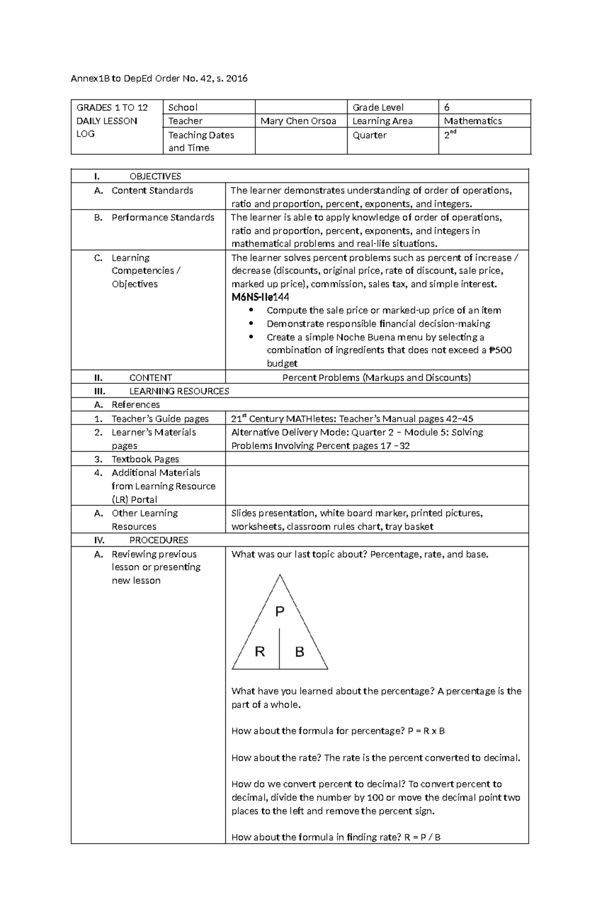 Mathematics 2nd Quarter Lesson Plan: Discounts and Markups - Studocu