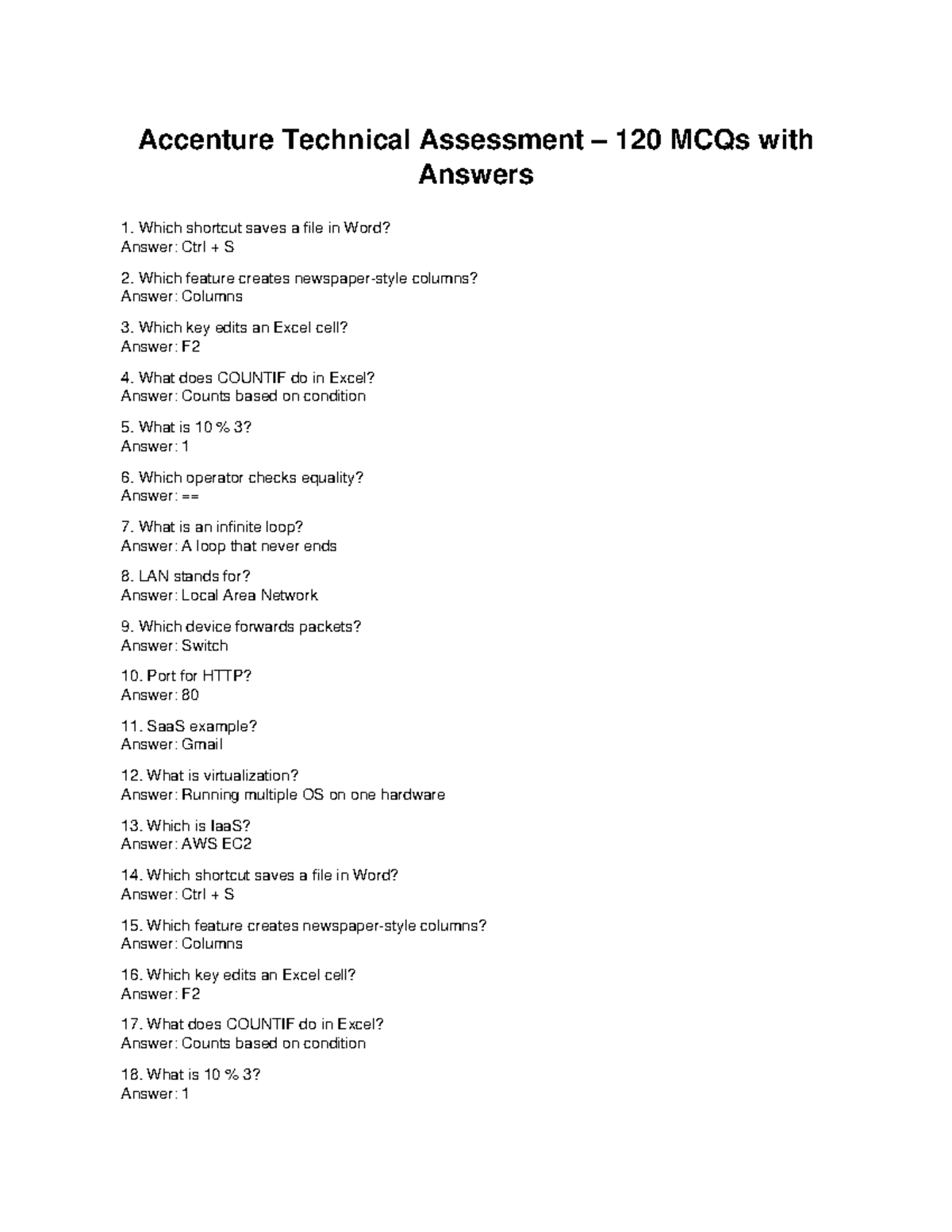 Accenture Technical Assessment: 120 MCQs with Answers - Studocu