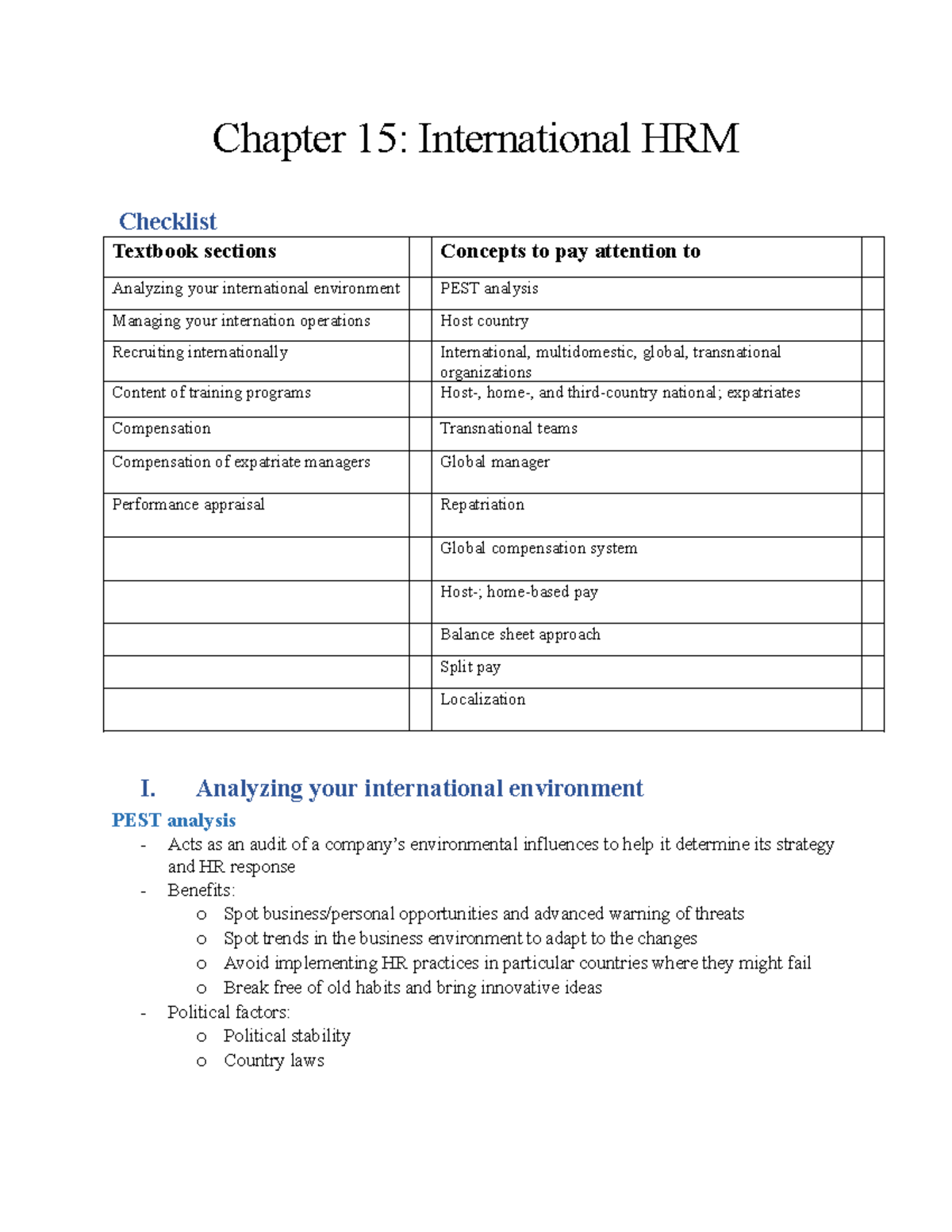 Chapter 15 - HRM - Chapter 15: International HRM Checklist Textbook ...