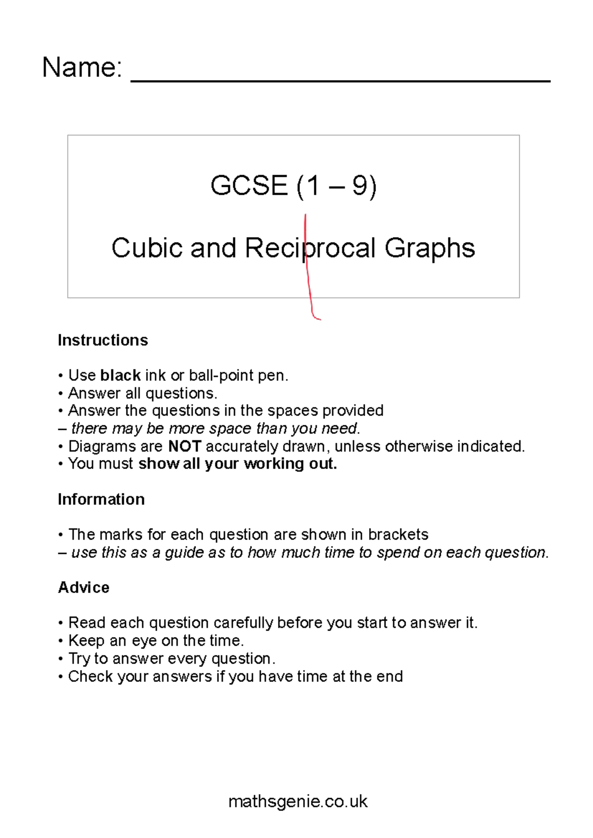 GCSE (1 9) Final Exam: Cubic and Reciprocal Graphs Guide - Studocu