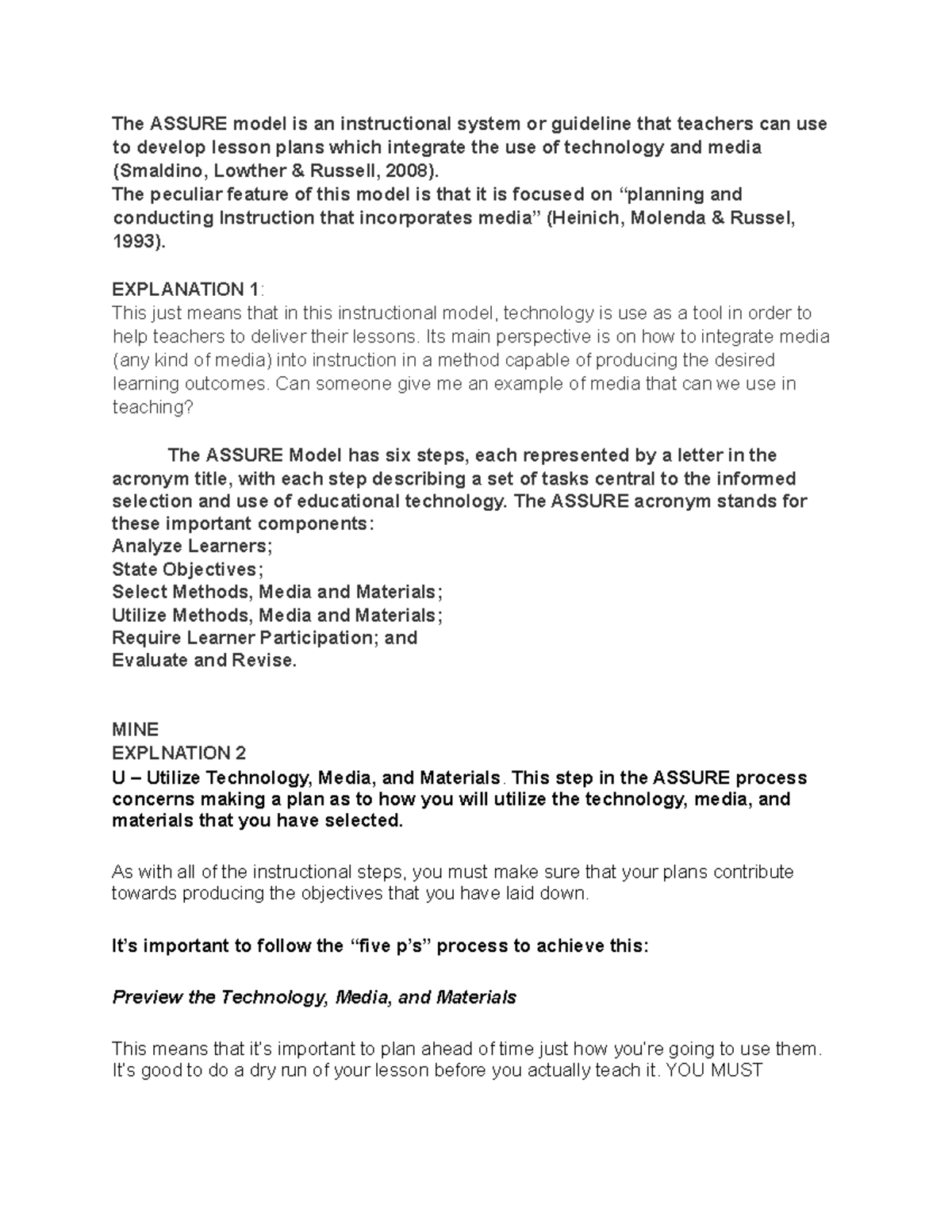 ASSURE Model Reporting Script for Effective Lesson Planning - Studocu