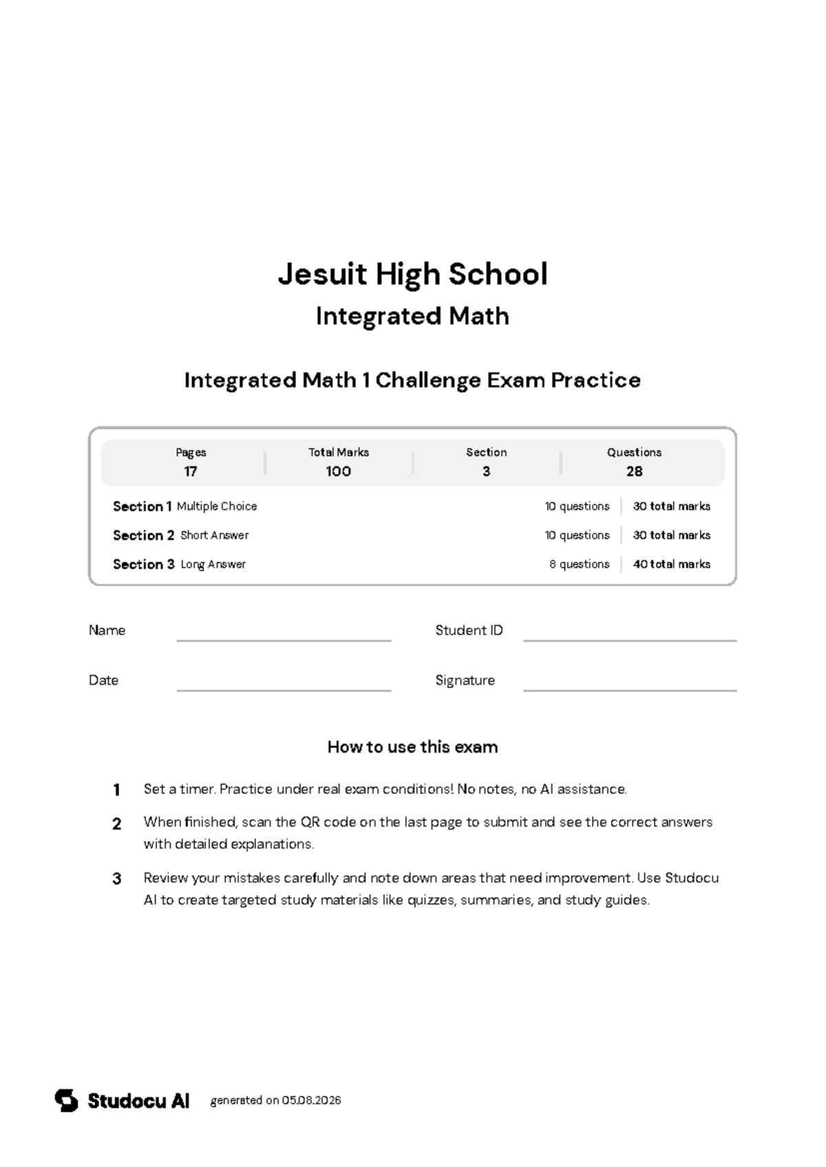 Integrated Math 1 Challenge Exam Practice - Studocu