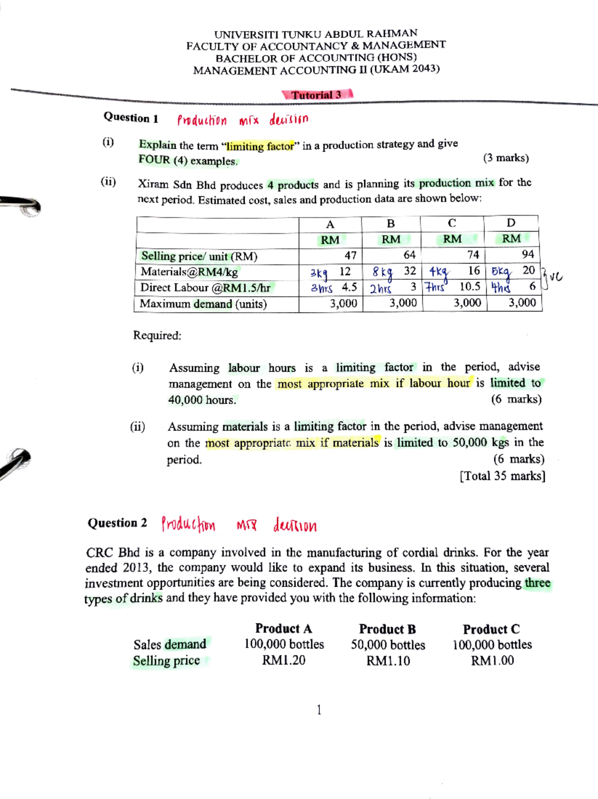 MA2-T3 - Management Accounting II Tutorial 3: Limiting Factors Analysis ...