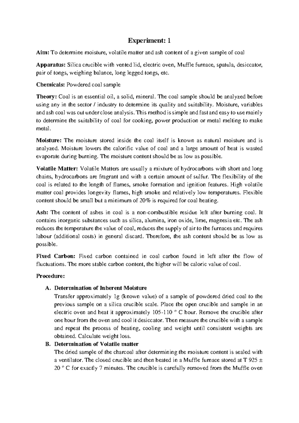 B.Tech Lab Experiments: Analysis of Coal, Acids, and Organic Synthesis ...
