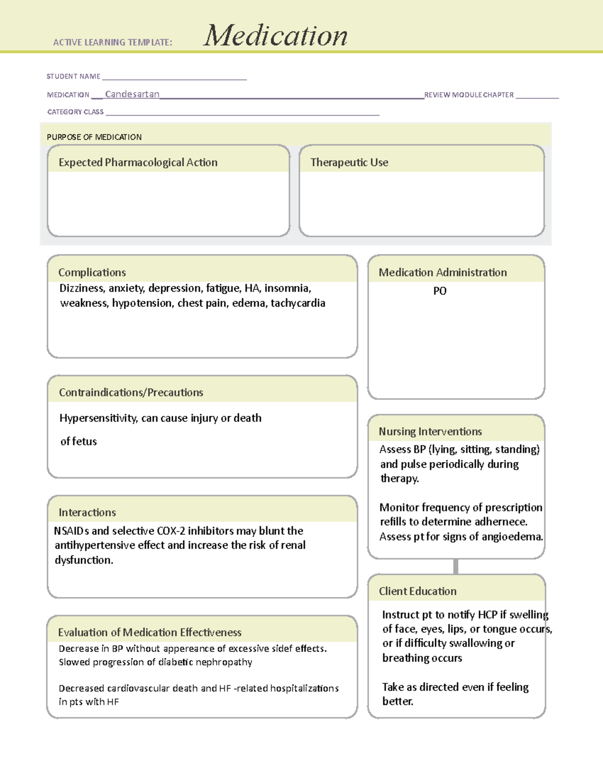 Candesartan Medication Template: Active Learning Review Module - Studocu