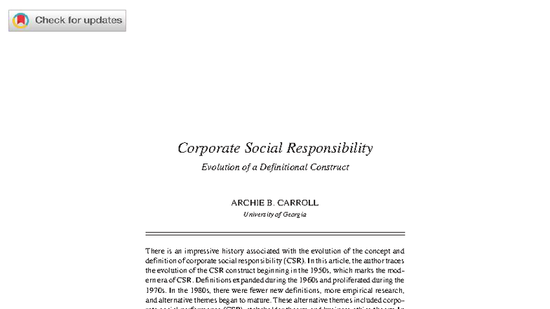 BUSINESS 101: CSR Evolution of a Definitional Construct - Studocu