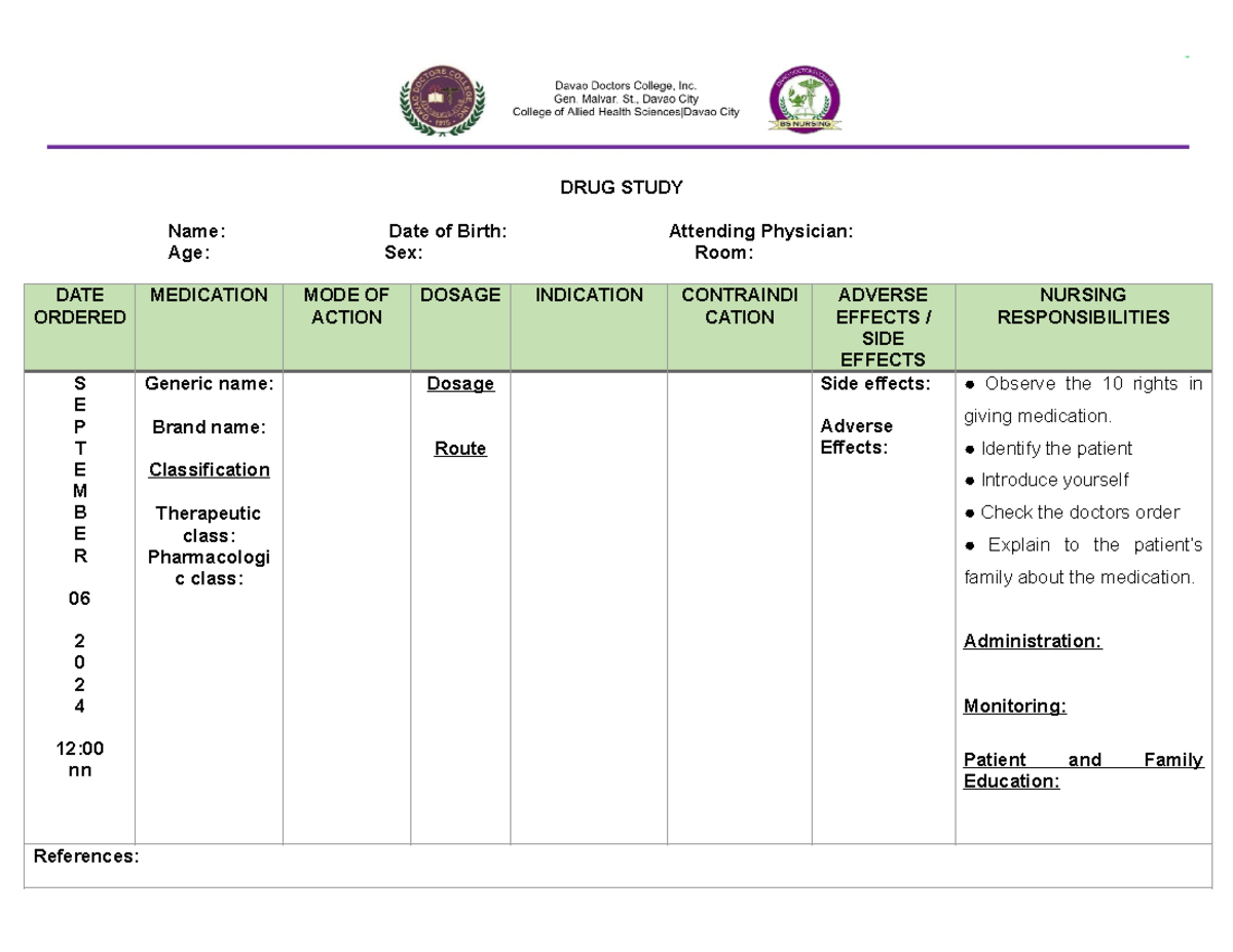 DRUG Study Template 471 - DRUG STUDY Name: Date of Birth: Attending ...