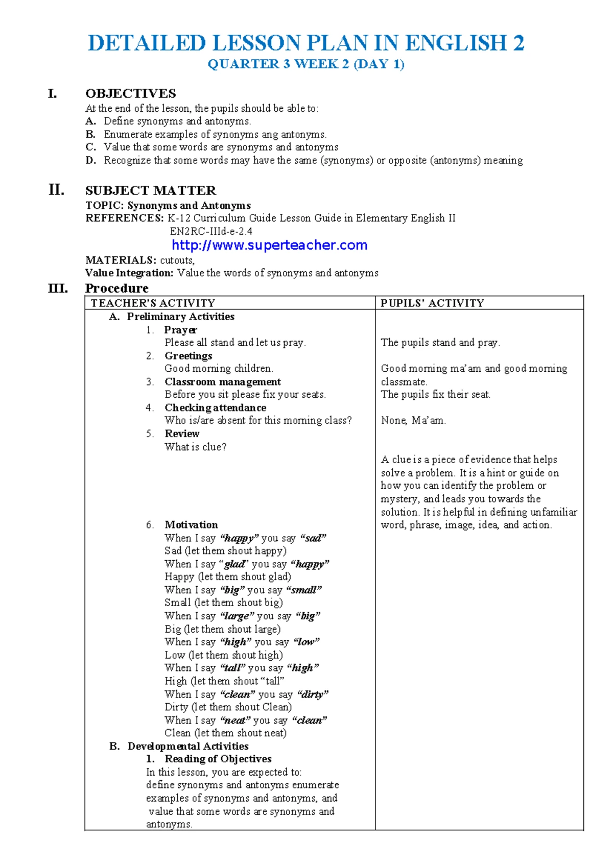DLP ENG2Q3WK2 - Detailed Lesson Plan on Synonyms and Antonyms - Studocu