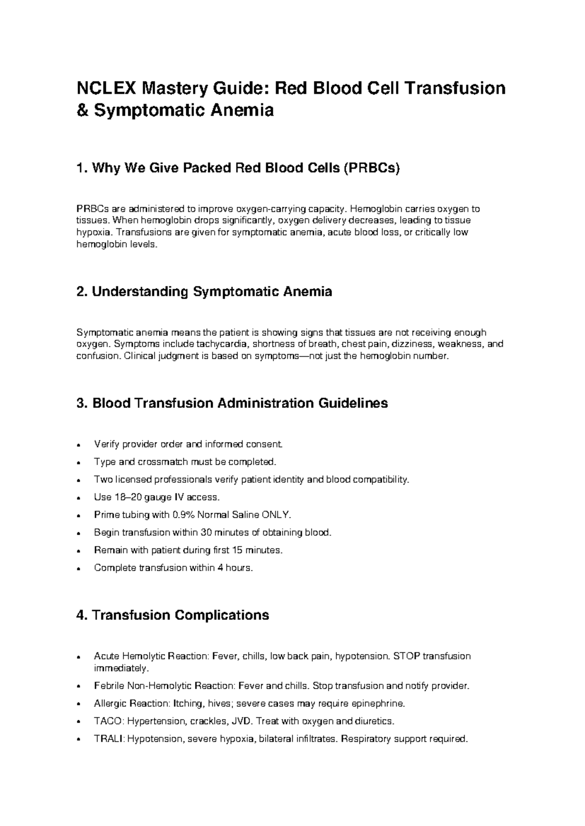 NCLEX RBC Transfusion: Mastery Guide on Symptomatic Anemia - Studocu