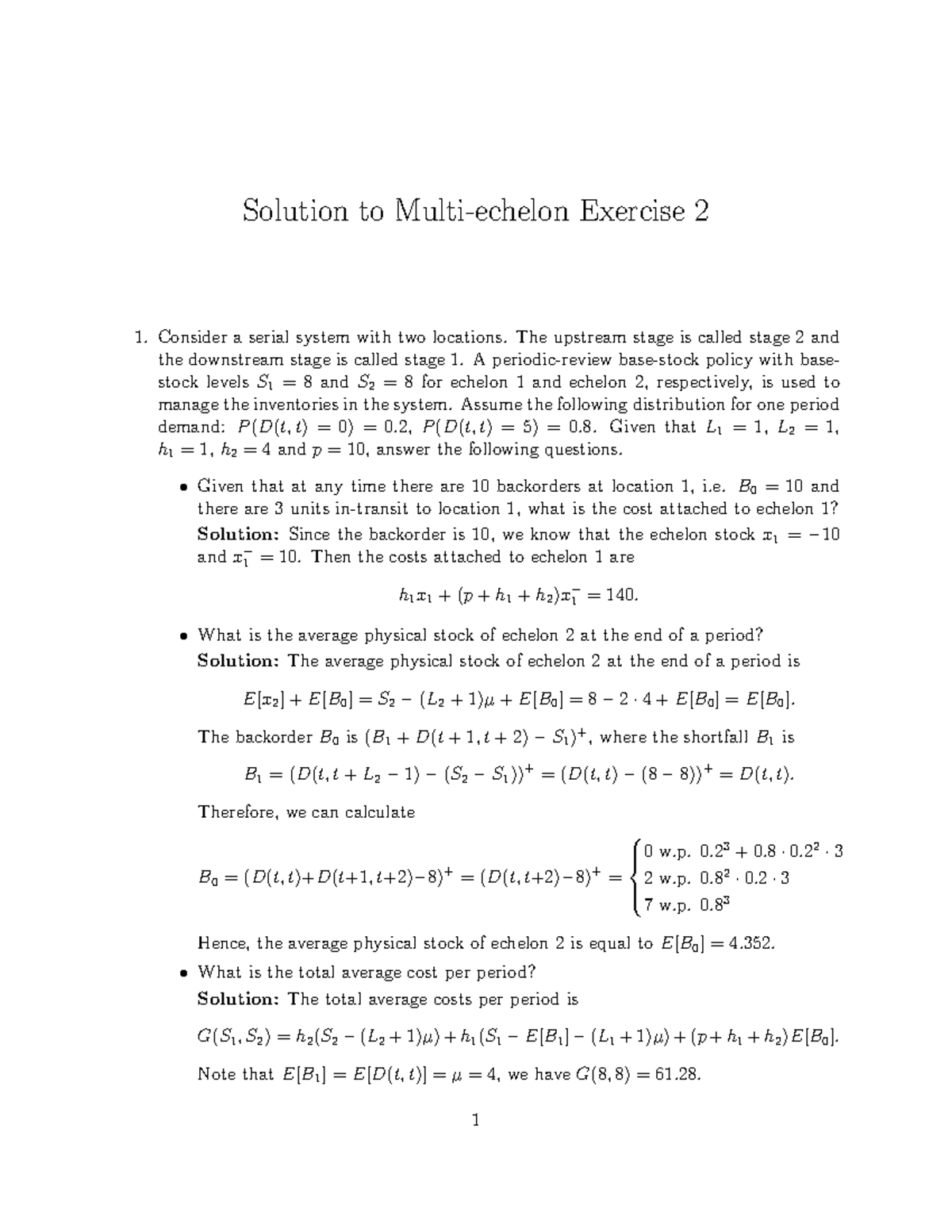 Solution to Exercise 2 - Inventory Management in Serial Systems ...