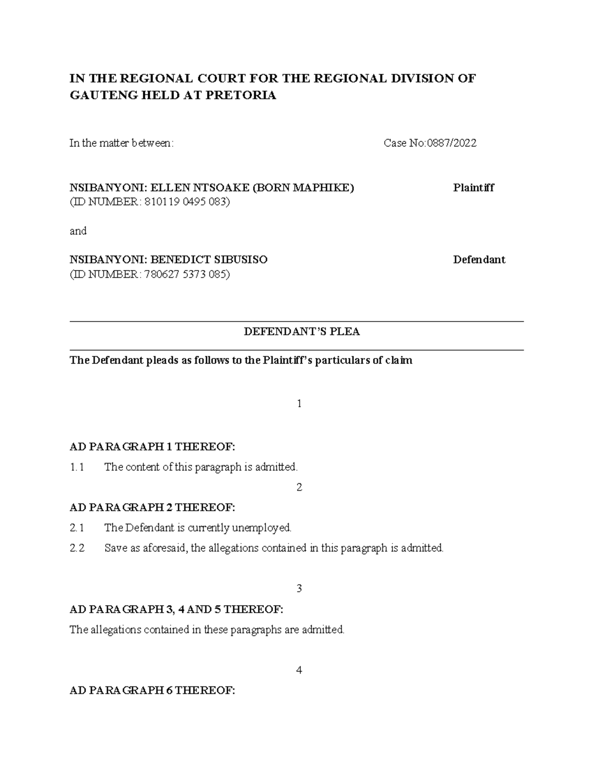Plea and Counterclaim Submission in Case No. 0887/2023: Platt - Studocu