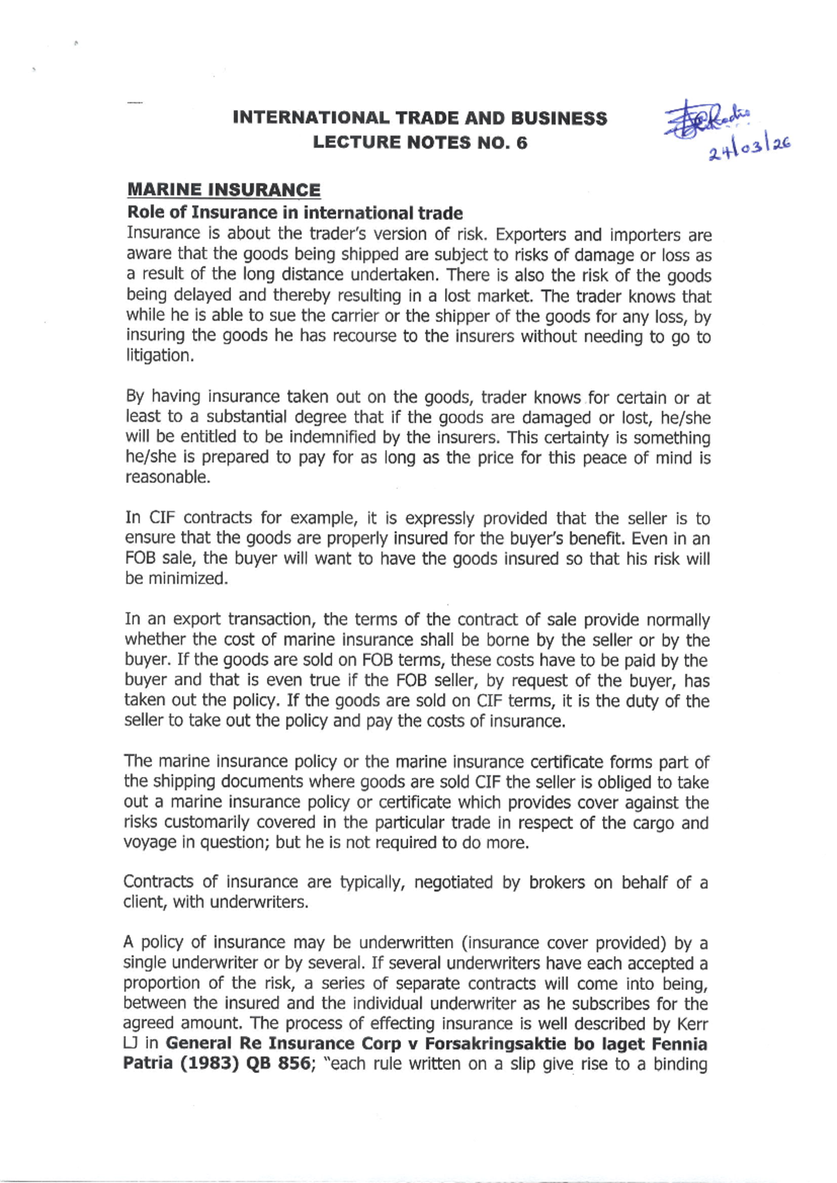 B INTERNATIONAL TRADE AND BUSINESS O3 LECTURE NOTES: MARINE INSURANCE ...
