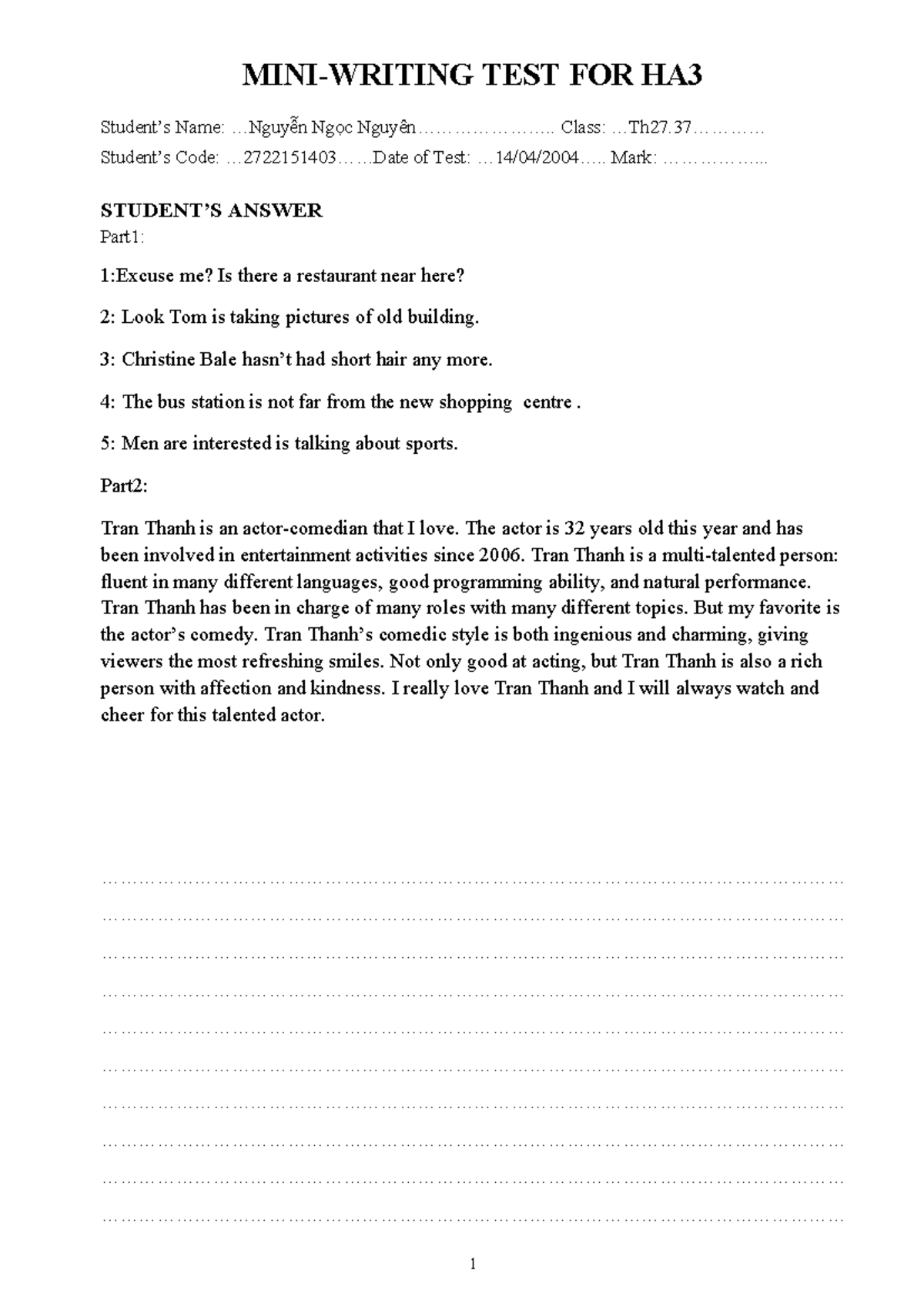 Writing Answer Sheet - HA3 - MINI-WRITING TEST FOR HA Student’s Name ...
