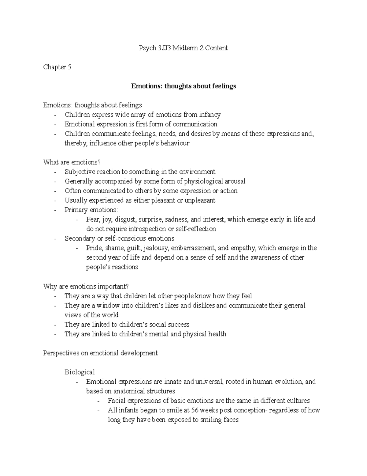 Psych 3JJ3 Midterm 2: Emotions, Development & Socialization Insights ...
