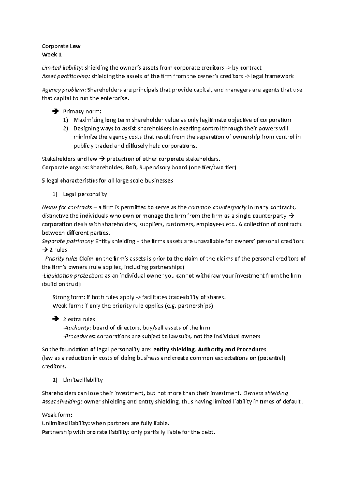 Corporate Law (LAW101): Lecture Notes on Agency Costs and Governance ...