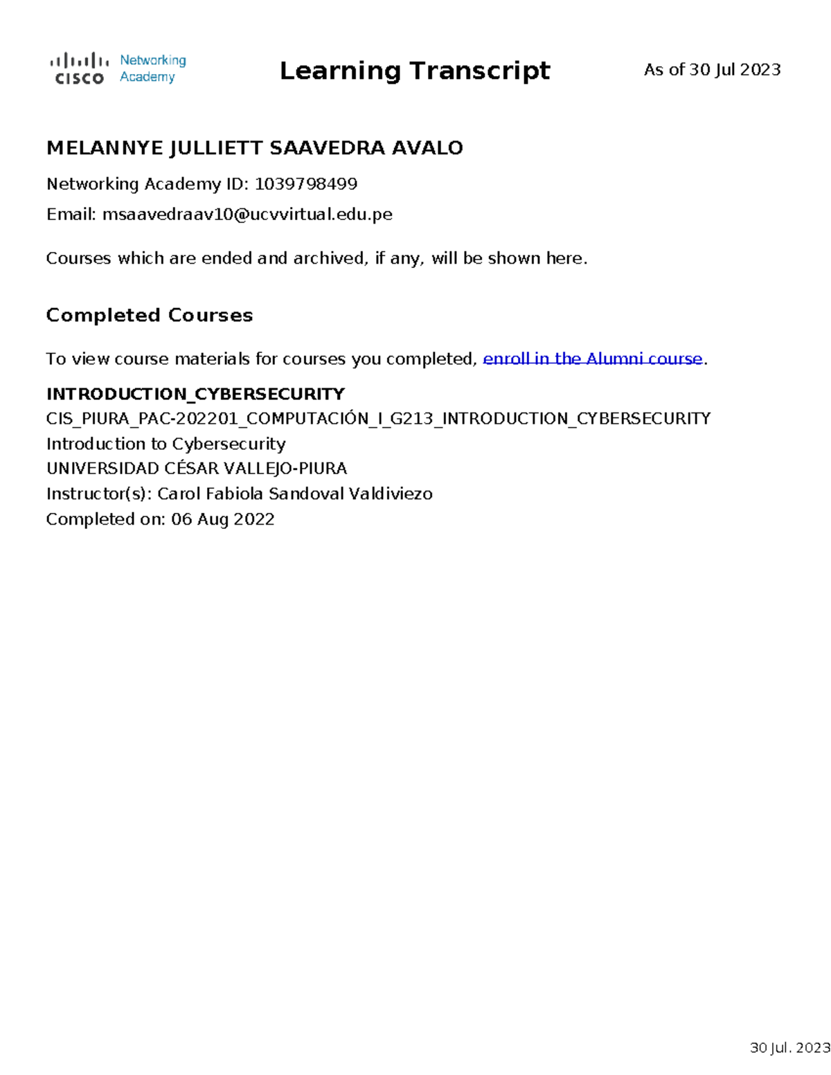 Net Acad Learning Transcript - Learning Transcript As of 30 Jul 2023 ...
