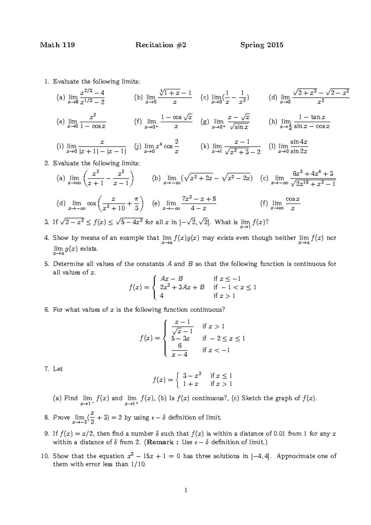 Math 119 Recitation Spring 2015: Derivatives and Limits Practice - Studocu