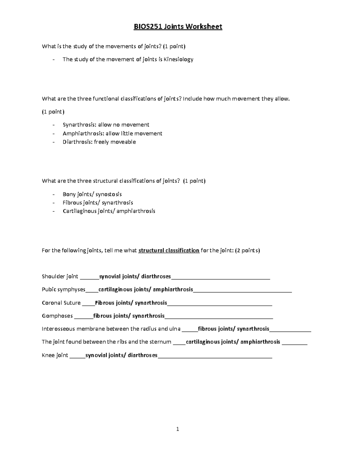 BIOS251 Week 7 Joints Worksheet - What is the study of the movements of ...
